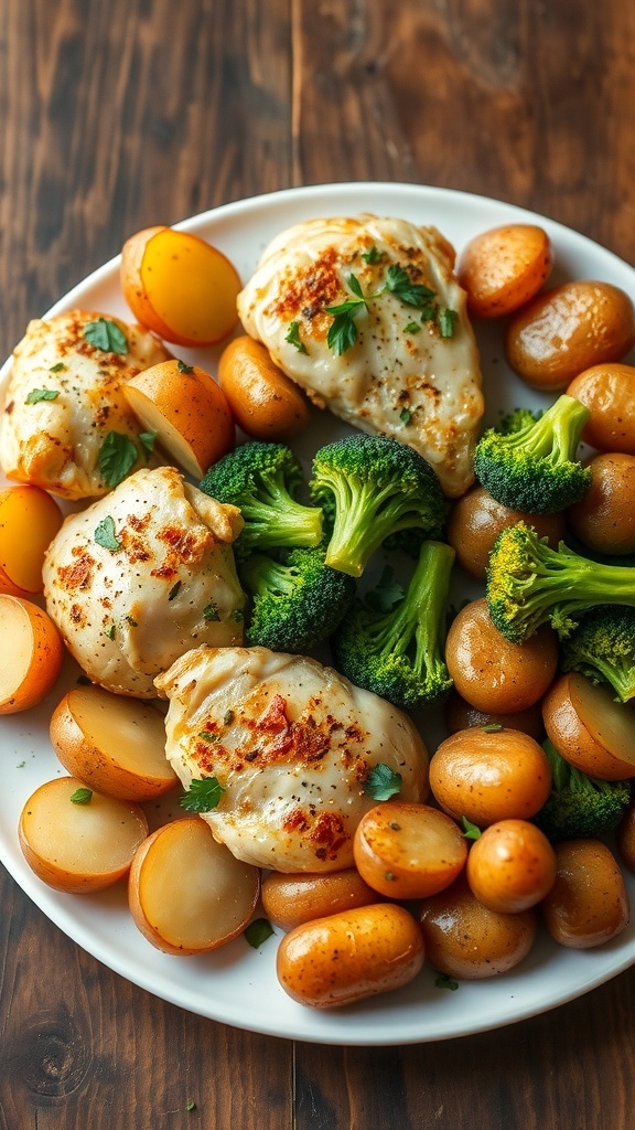 A colorful plate of air-fried chicken, broccoli, and potatoes on a wooden table.